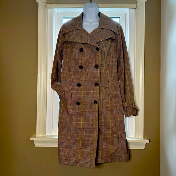 Trench coat. Brown w/white, orange/red, & yellow plaid pattern. Fully lined. - Picture 1 of 8